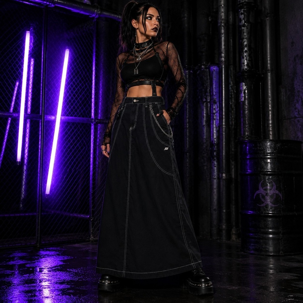 Y2k Kik Girl Maxi Skirt 13/14 Black Contrast Stitch Cyber Goth Alt-Skater Grunge